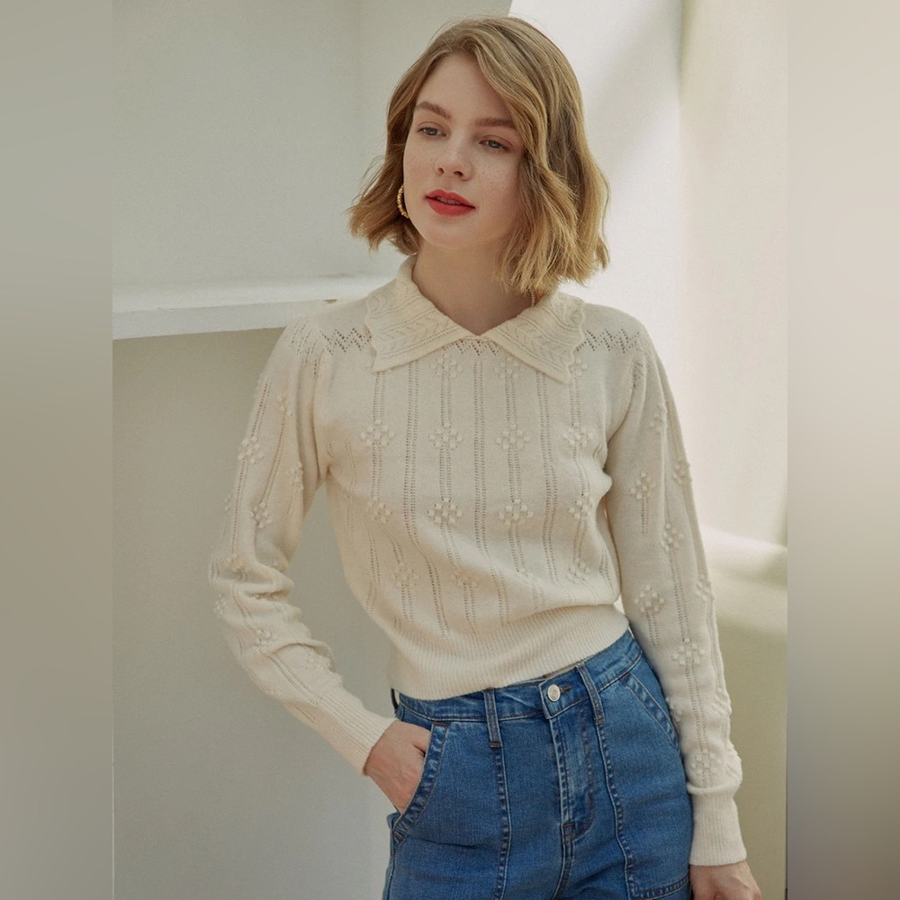 Simple Retro Jasmine Cable Polo White Knit Sweater Medium